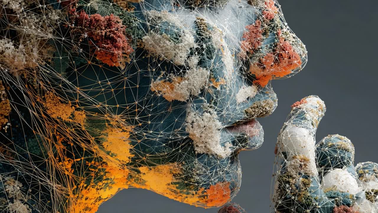 Close up of an artificial intelligence human face making a shushing gesture, representing concepts like big data privacy, digital ethics, future technology, and the need for confidentiality