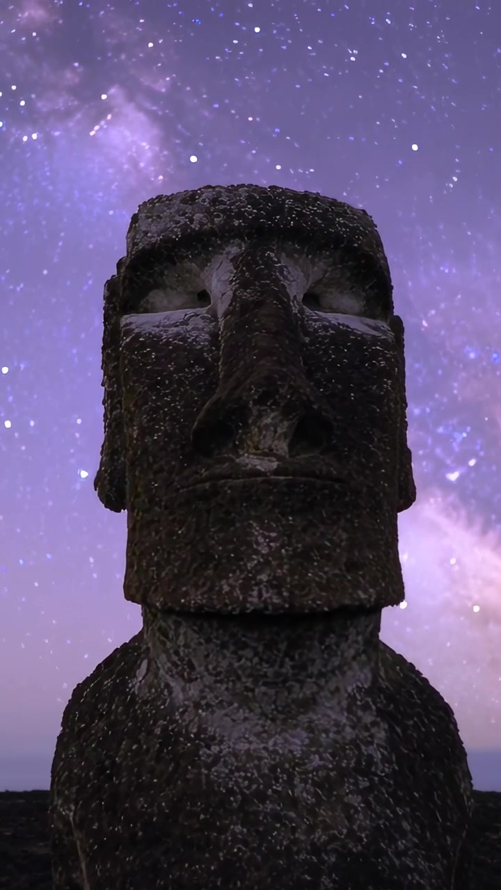 Video verticale: Telecamera in zoom che rivela una testa moai con texture di lichene su un altopiano sotto un cielo viola.