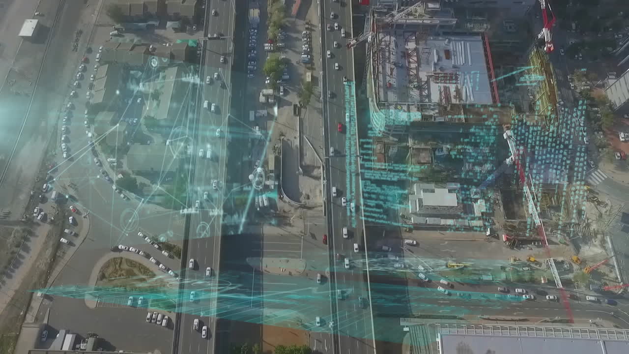 Animation of information and data processing over aerial cityscape
