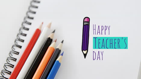 animación del texto del día feliz de los maestros con lápices y cuaderno