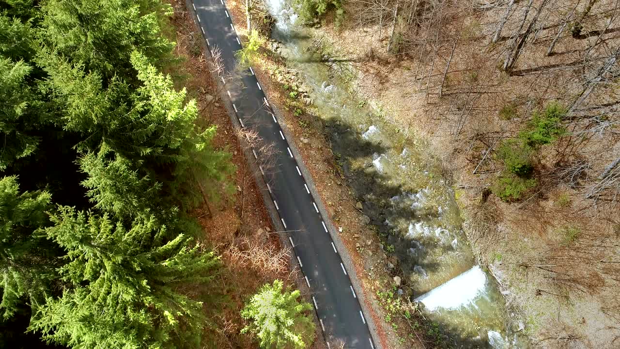 물 과 숲 근처 의 도로 의 공중 사진