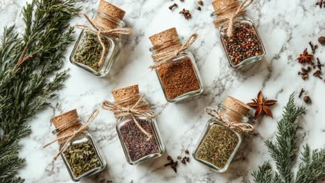 variedad de especias en frascos de vidrio