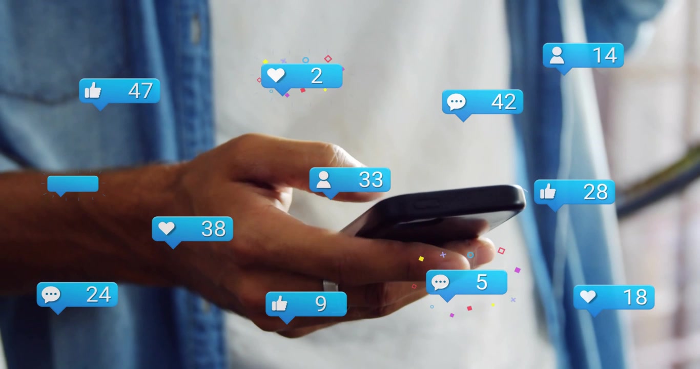 Vertical video: Man tapping phone, spawning blue bubbles and counts rising for social media