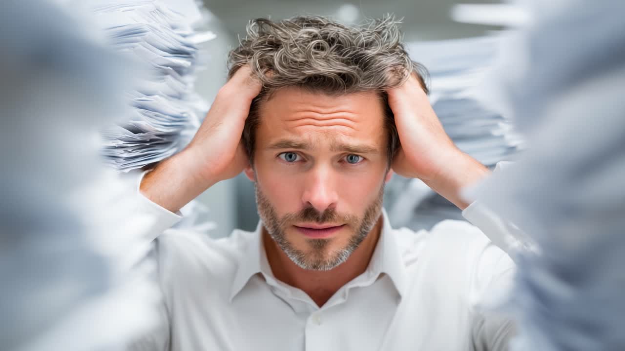 A man with a distressed expression stands between towering stacks of documents, capturing the overwhelming stress and frustration of modern work life in a chaotic office environment