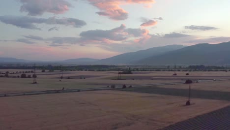 balkan summer sunset over purple blooming crops of lavender fields