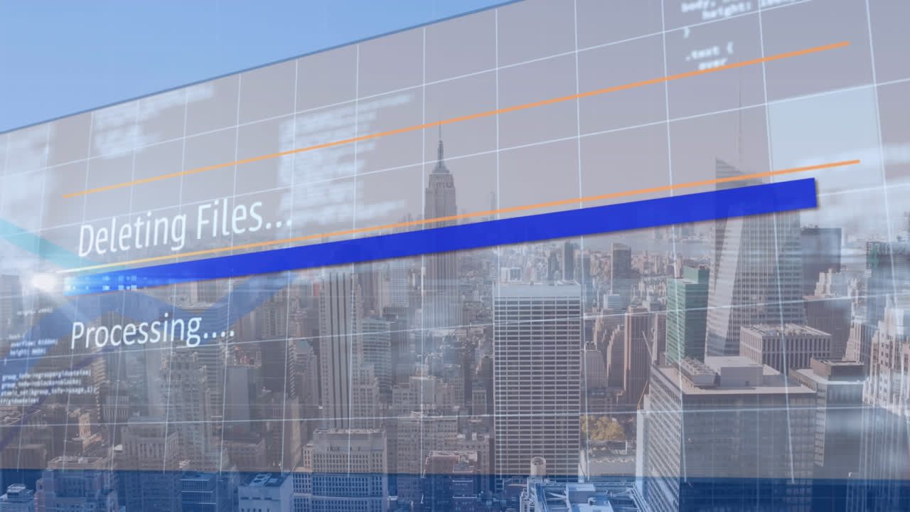 도시 풍경 위의 데이터 처리 애니메이션