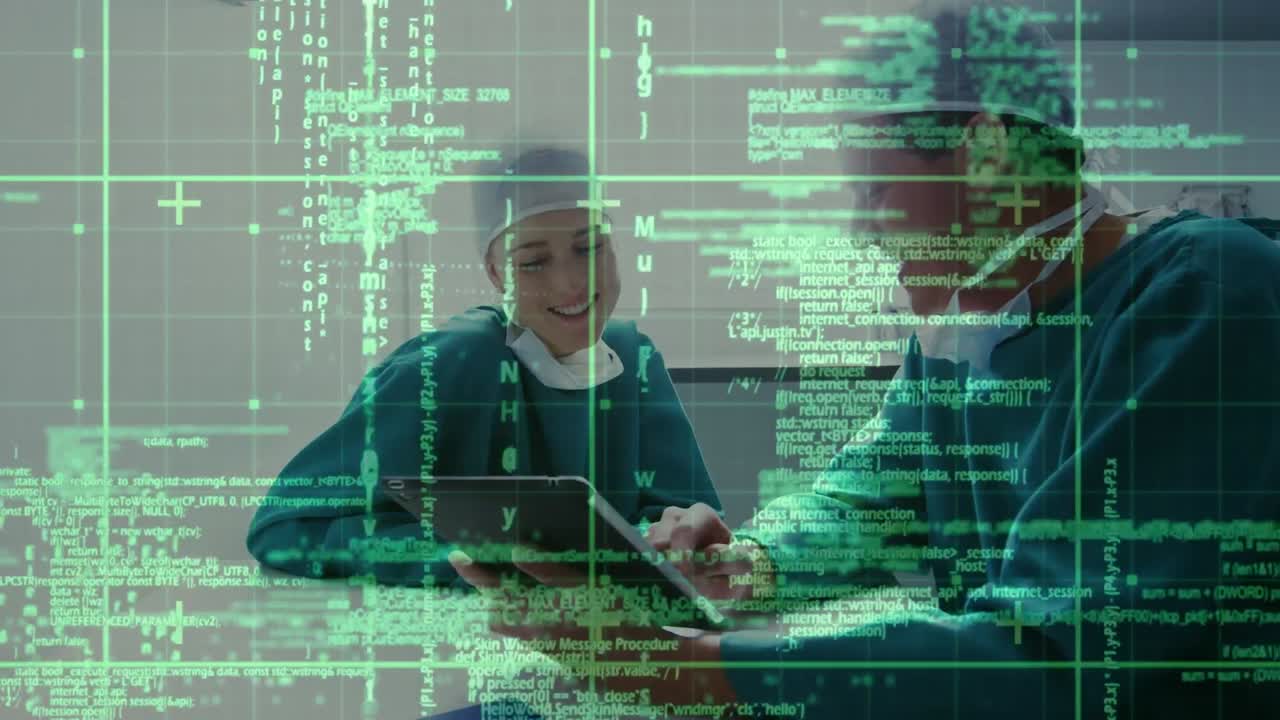 Animation of data processing over caucasian male and female surgeons talking