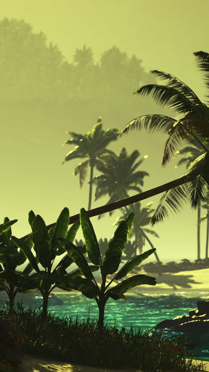 Paesaggio tropicale lussureggiante con spiaggia sabbiosa e palme al tramonto