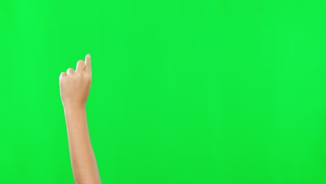 person, hands and pointing on green screen