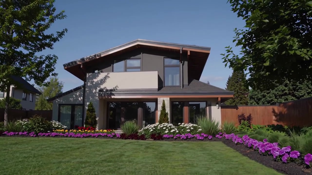Casa suburbana moderna con giardino paesaggistico e fiori