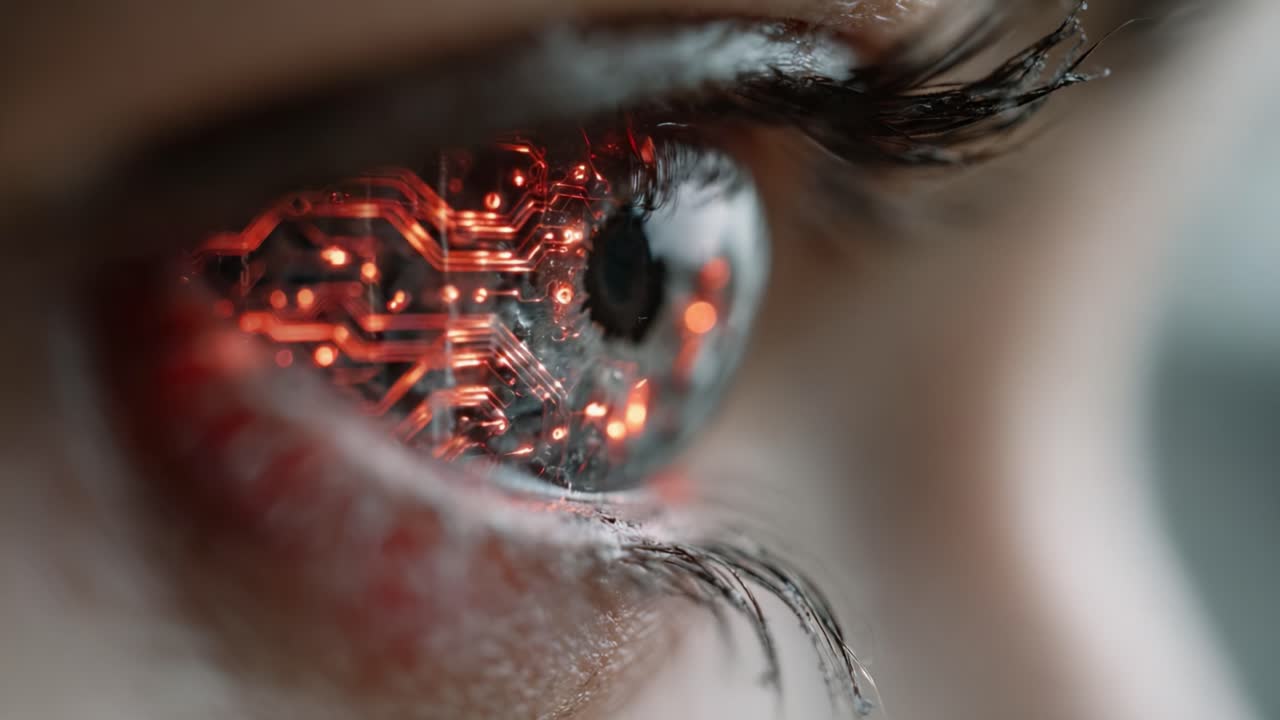 A Close-Up of a Futuristic Eye Showcasing Intricate Circuit Patterns Illuminated in Orange, Blending Human and Machine Elements in a Striking Visual Representation