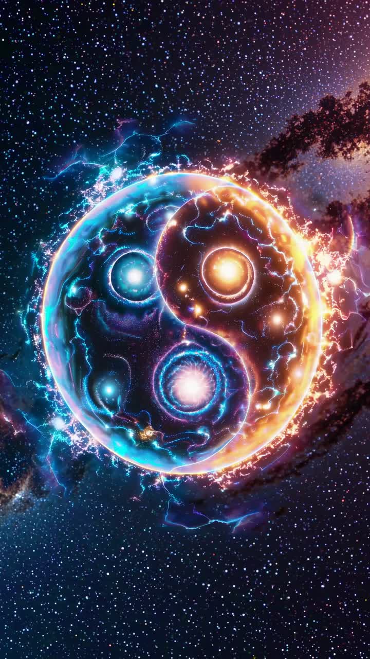 Simbolo cosmico yin-yang con pianeti luminosi, sullo sfondo di una galassia stellata