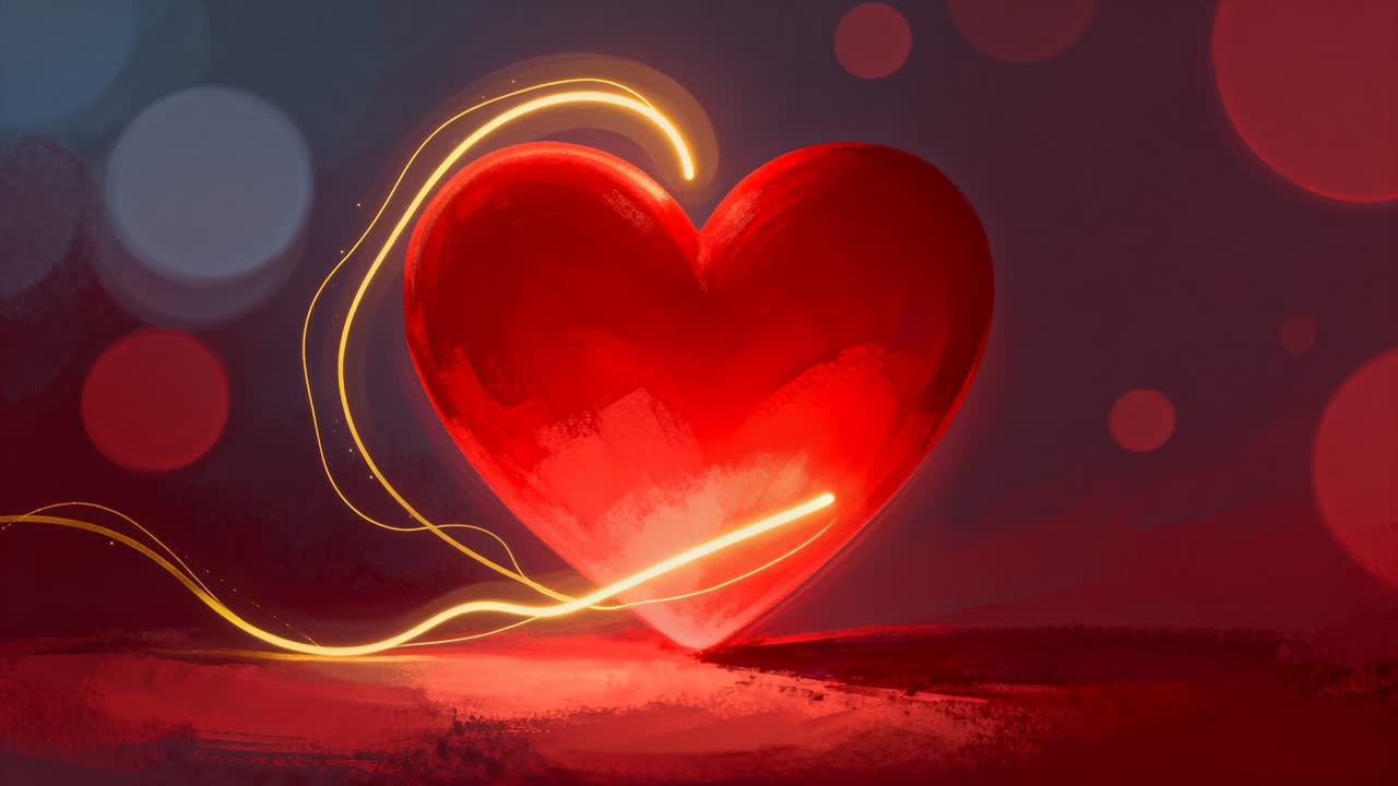 Cuore rosso luminoso posizionato al centro su un set da studio testurizzato, con un nastro dorato che forma un cappio e scintille