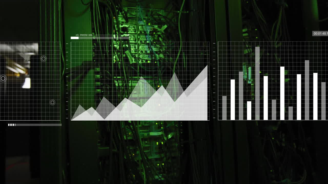 Datadiagrammer animation over serverrum med grøn belysning og kabler
