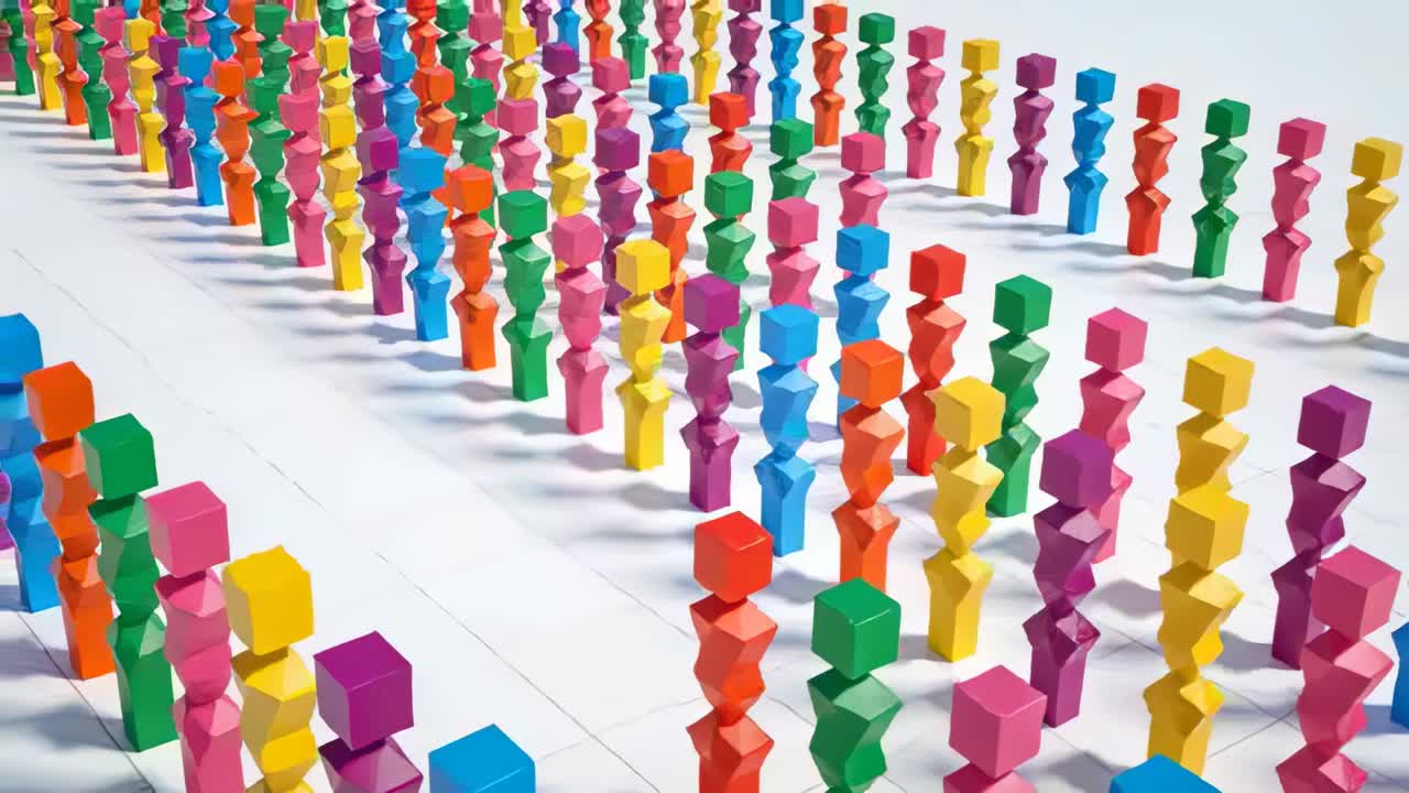 Animation starting bright columns adding pieces on white grid platform forming towers with shadows