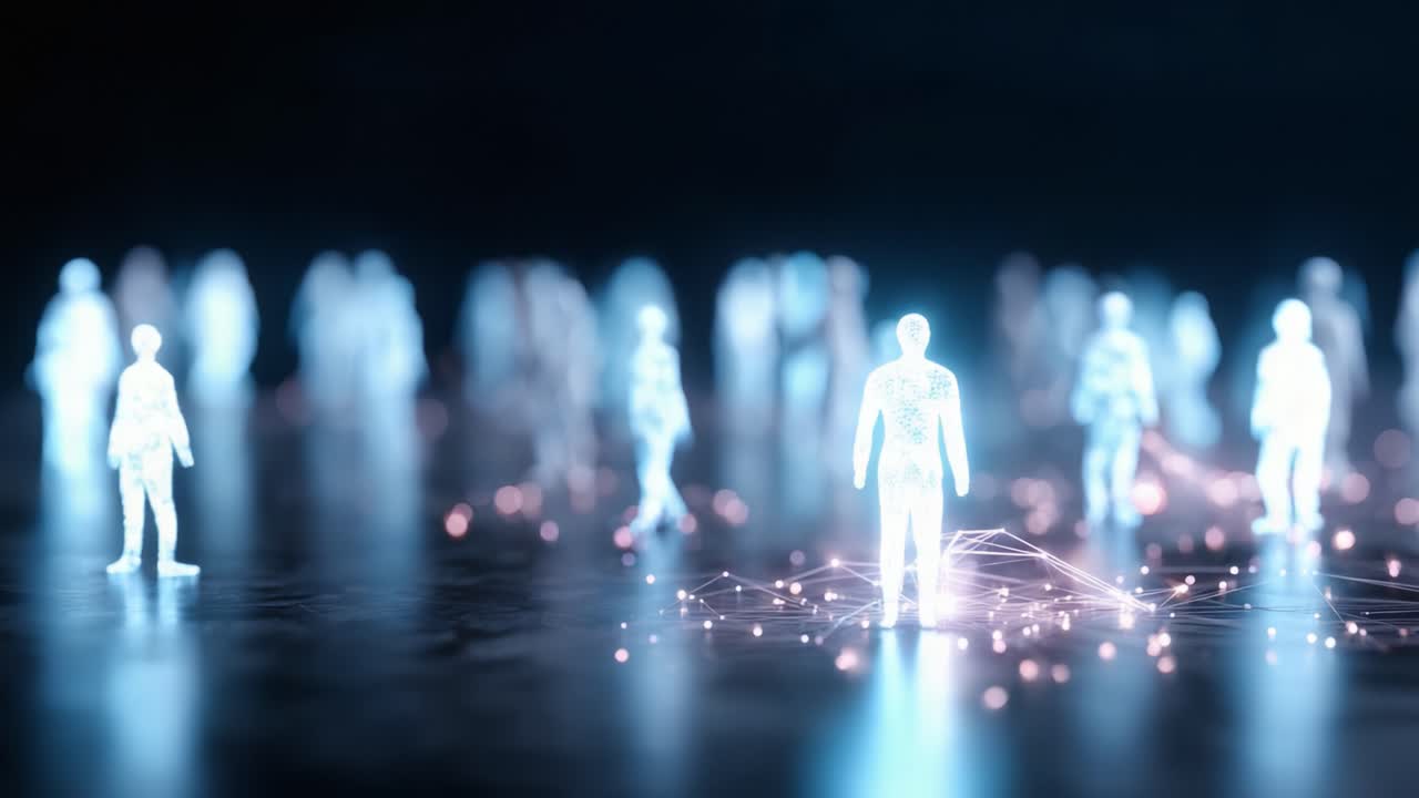A Futuristic Digital Landscape Featuring Distinctive Human Figures Surrounded by Ethereal Connections, Emphasizing Technology and Human Interaction in a Virtual Realm