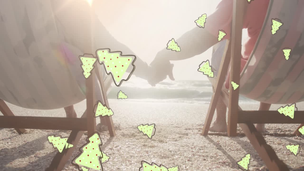 해변에 있는 고위급 이중 인종 부부 위에 생강  아이콘의 애니메이션.