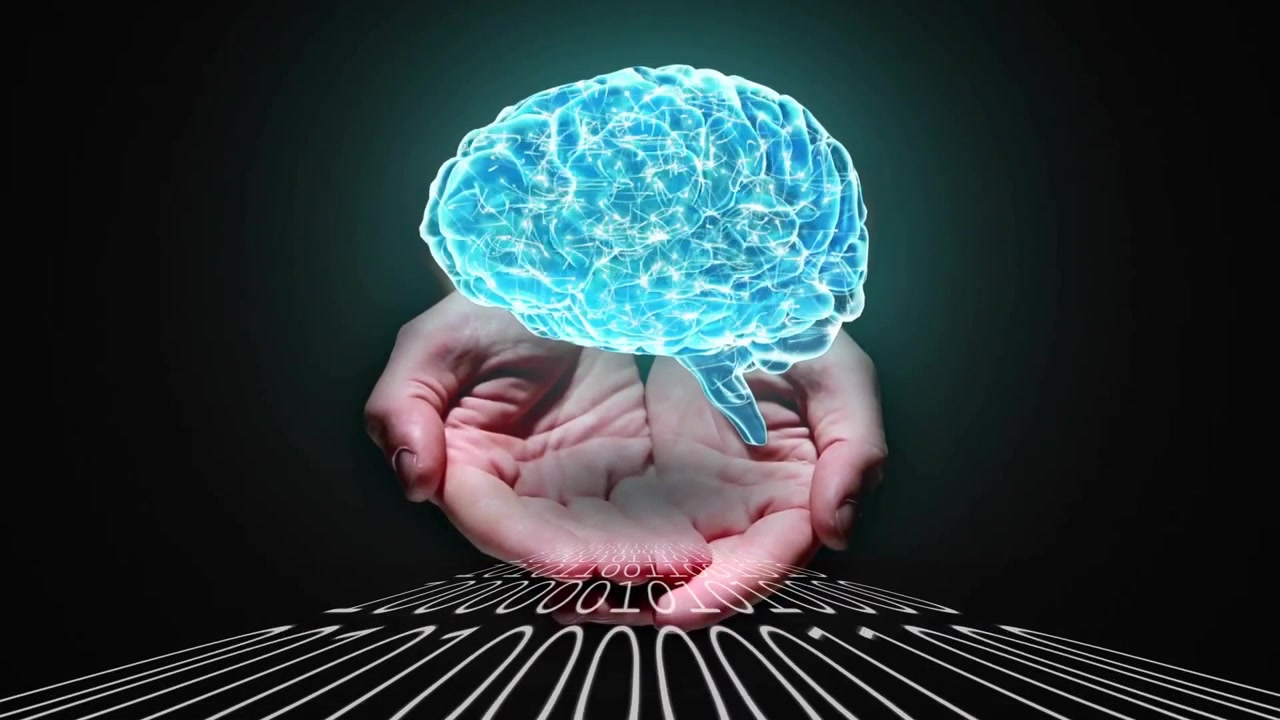Tenendo un cervello digitale, mani con codice binario che scorre sotto in stile animazione.