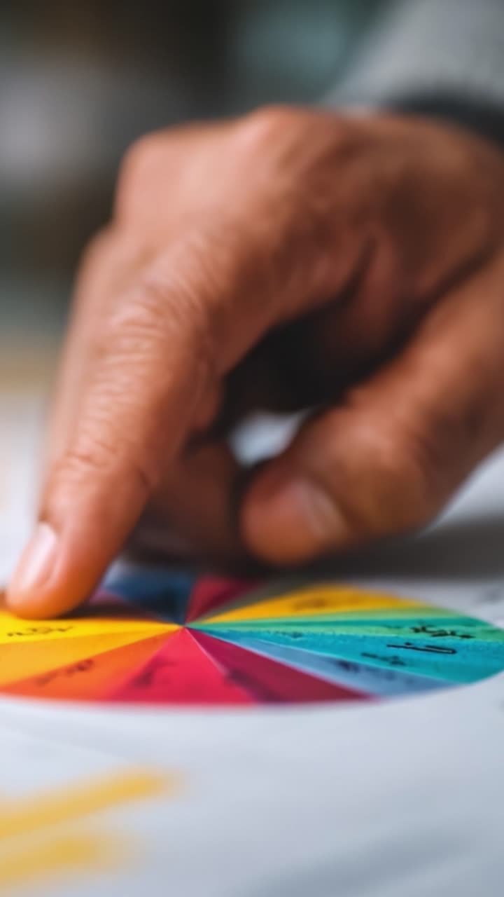 A Close-Up of a Finger Touching a Colorful Wheel Chart, Exploring Various Color Segments Rich in Vibrant Hues and Creative Potential