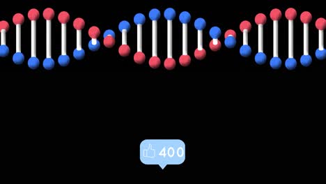 Like-icon-with-increasing-numbers-against-dna-structure-spinning-on-black-background