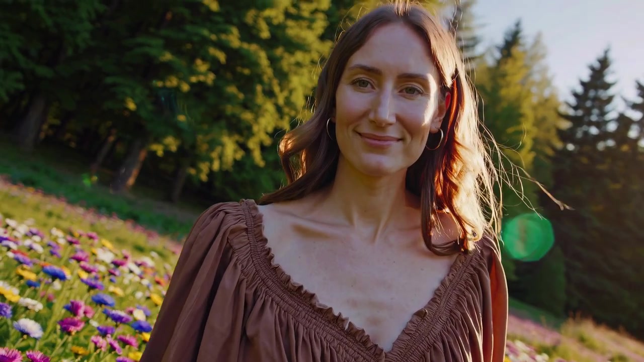 Smilende kvinde går gennem et levende blomsterfelt i slowmotion.