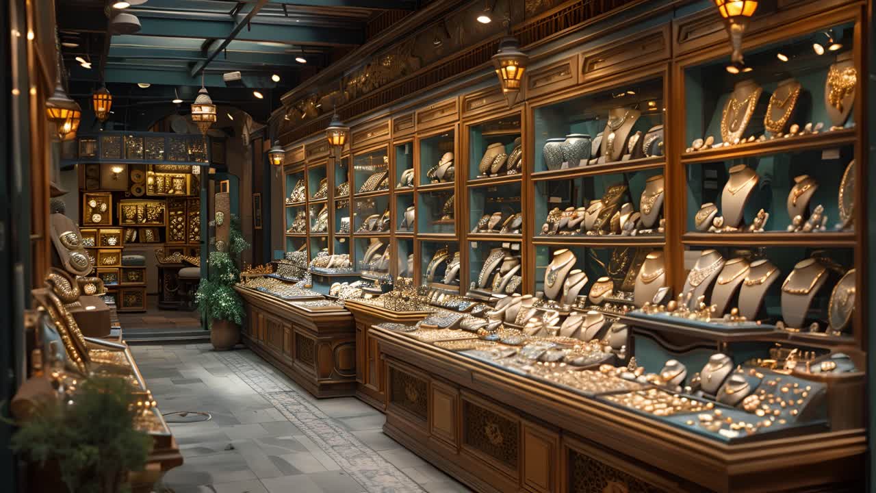 Luxurious Jewelry Store Interior with Gold and Silver Displays