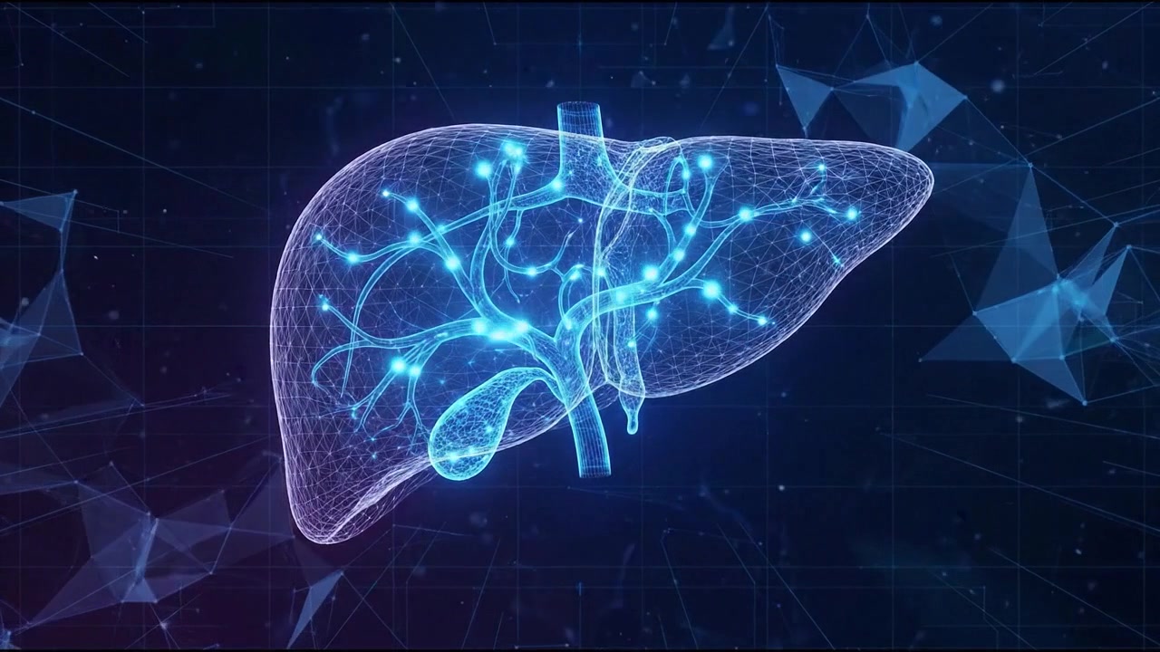 Blue vascular liver hologram with branching hepatic vessels and digital grid