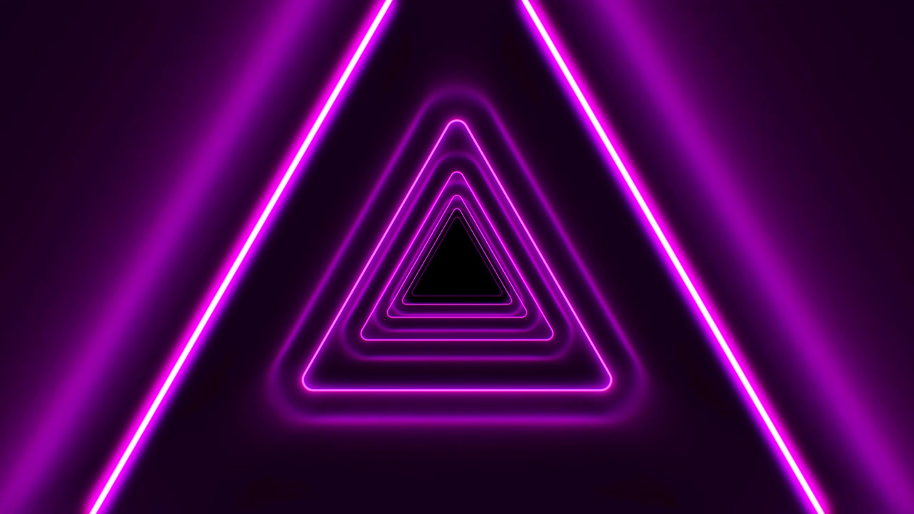 Abstract Beautiful Triangle Tunnel with Neon Light Lines Moving Fast. Purple Bright Colors. Background Futuristic Tunnel with Glowing Lights. Looped 3d Animation Art Concept.