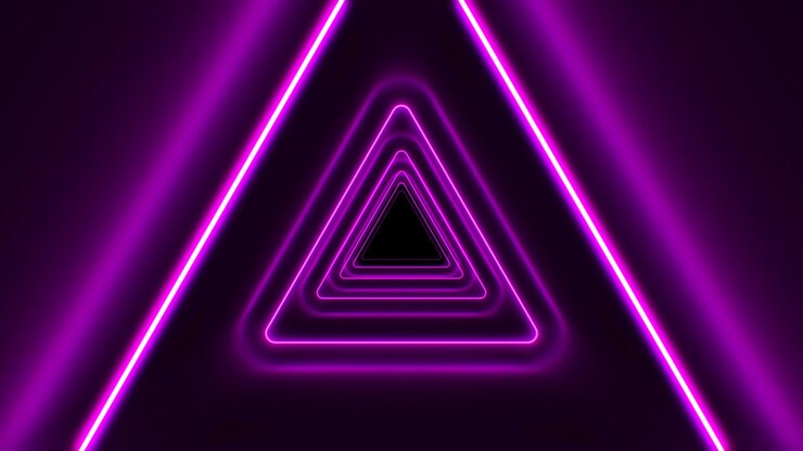 Abstract Beautiful Triangle Tunnel with Neon Light Lines Moving Fast. Purple Bright Colors. Background Futuristic Tunnel with Glowing Lights. Looped 3d Animation Art Concept.