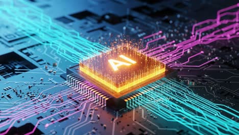 a stunning digital representation of an ai microchip surrounded by vibrant circuit connections and dynamic light sparks in a futuristic tech environment