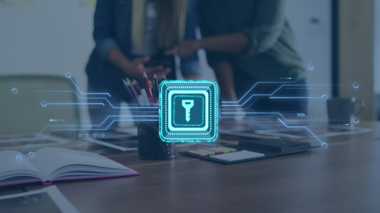 Animation of data processing with keychain icon over diverse business people in office