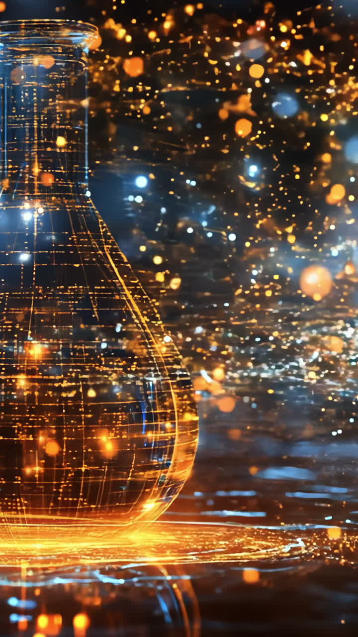 A glass vase with a glowing light inside of it. The light is reflected in the water and the surrounding area. The image has a dreamy, ethereal quality to it