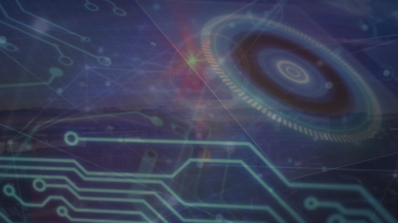 Animation of network of connections with data processing and padlock icon on black background