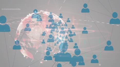 digitale animatie van een netwerk van profielpictogrammen tegen een draaiende wereldbol op een grijze achtergrond