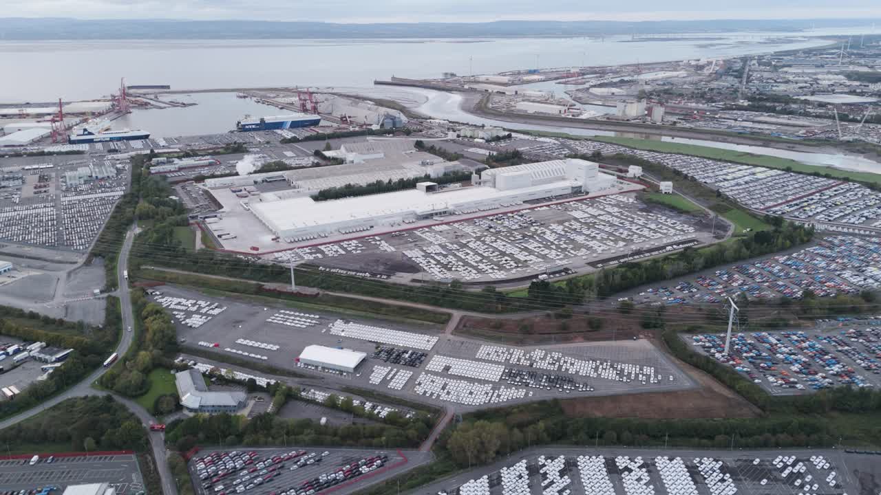Expansive aerial view of Royal Portbury Dock showcasing maritime infrastructure, storage facilities and industrial operations, Bristol, UK