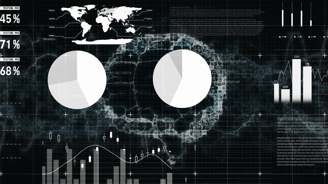 Animation of statistical data processing over human brain spinning against black background