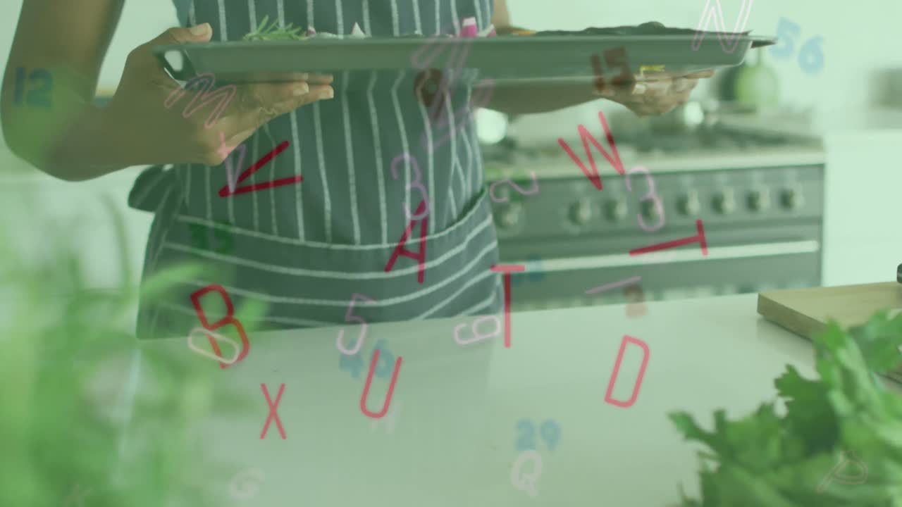 음식 트레이를 가진 아프리카계 미국인 여성 위에 글자와 숫자의 애니메이션