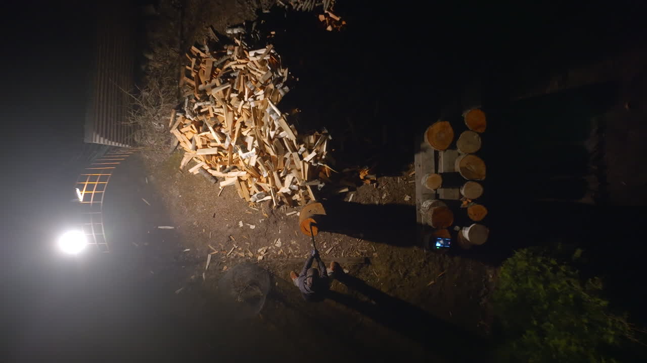 Birds eye aerial view rising above a man splitting firewood on a illuminated yard