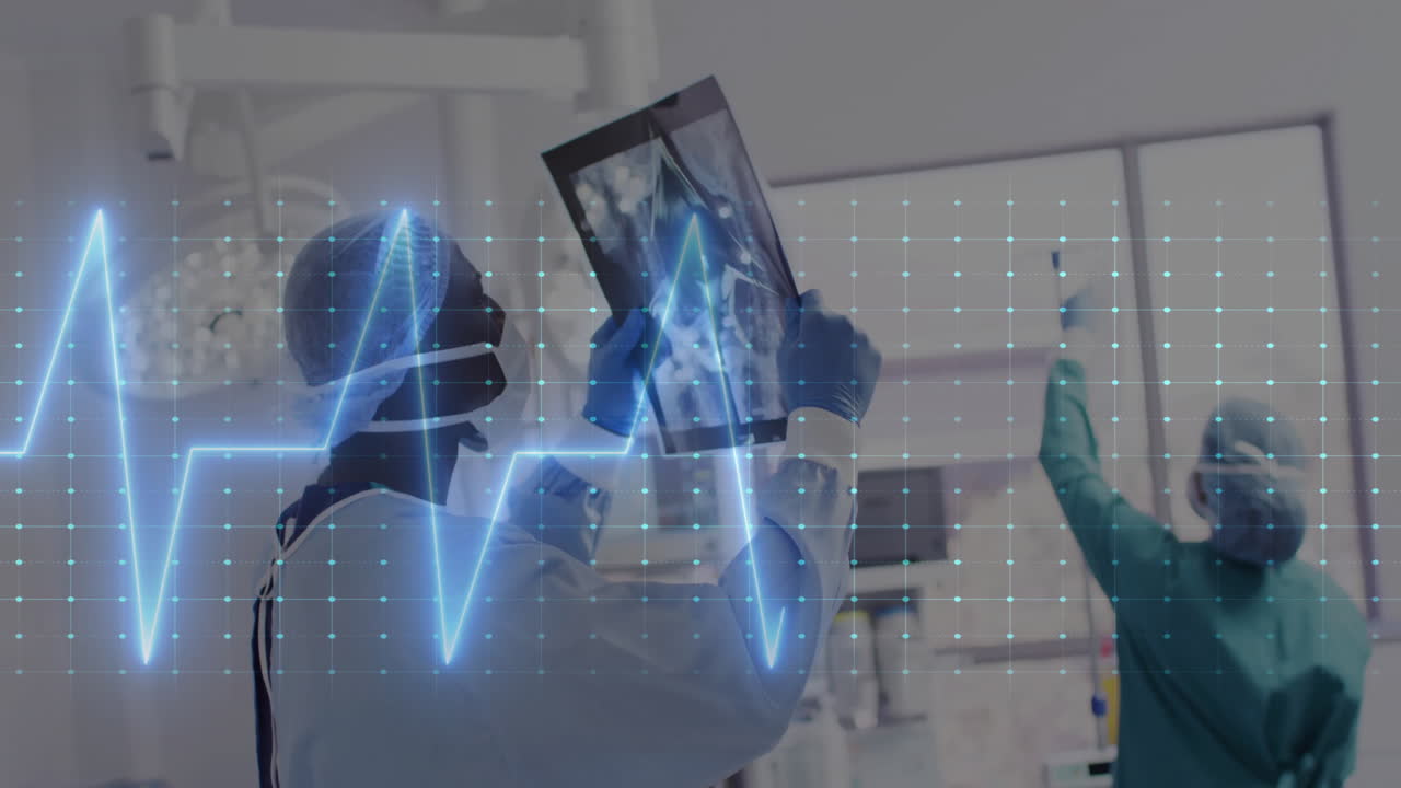 Animación de cardiógrafo sobre médicos diversos examinando una radiografía