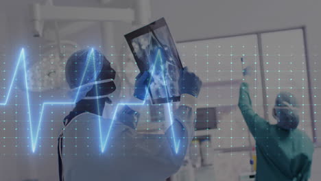 animation of cardiograph over diverse doctors inspecting xray