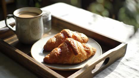 a delightful morning table setting featuring freshly baked croissants and a warm cup of coffee on a wooden tray, inviting comfort and joy