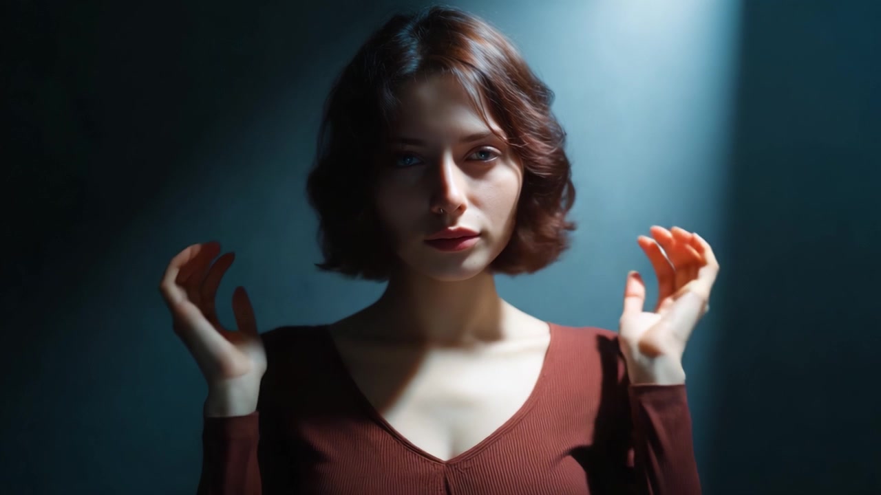 Una giovane donna contemplativa con capelli alle spalle si trova in una stanza illuminata delicatamente, guardando direttamente la fotocamera, trasmettendo emozioni profonde e mistero