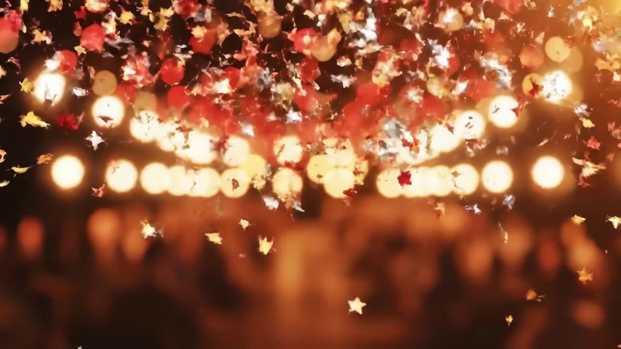 Festlige bokeh-lys og konfetti fra en lav engel, der skaber en varm og festlig videostemning