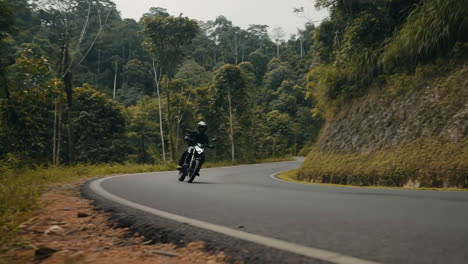 A motorcyclist rides on a winding road through a dense forest