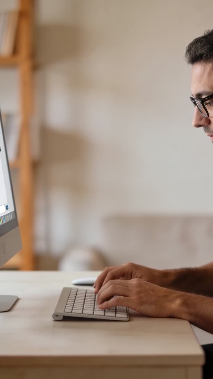 Hombre tecleando en teclado inalámbrico después de concentrarse en el monitor, inclinándose y completando una tarea de negocios.