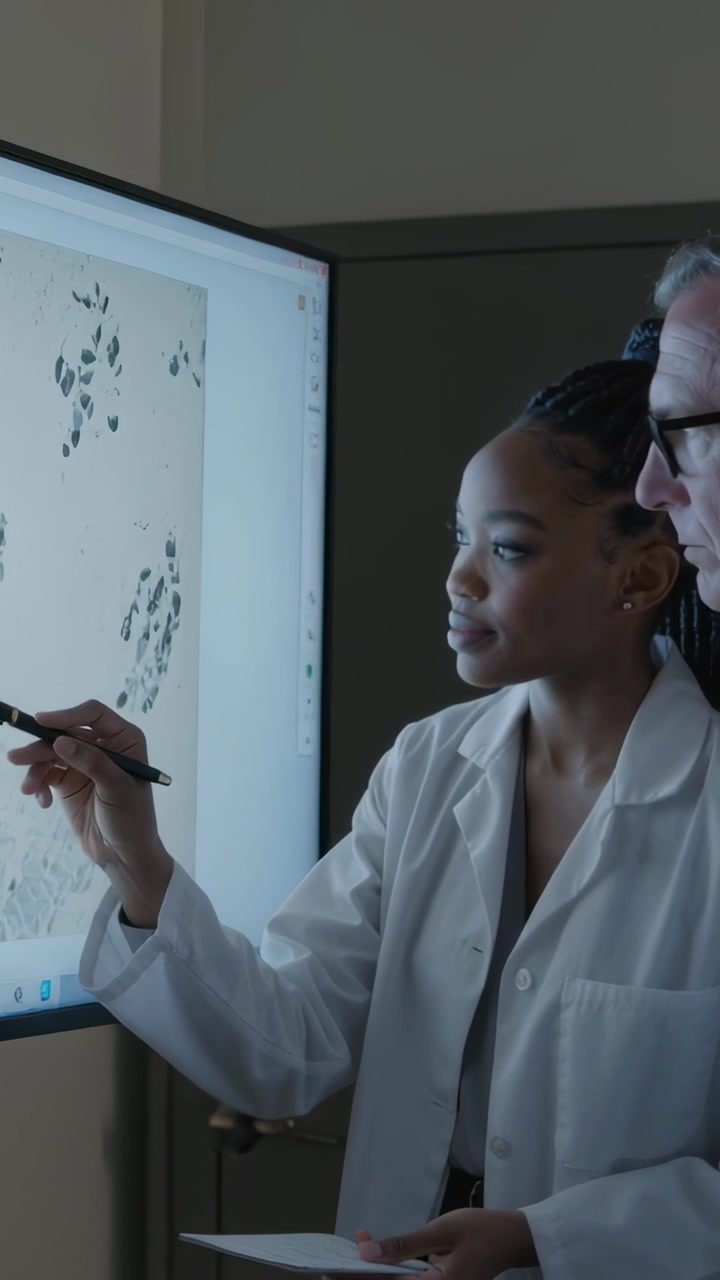 Vertical video: Reacting to scan onscreen in lab, woman in labcoat presenting with pen, copy space