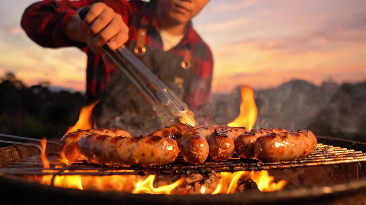 Grelhando Salsichas Deliciosas ao Pôr do Sol: Uma Jornada Culinária Destacando a Arte de Cozinhar e Desfrutar de Sabores Gourmet em um Cenário Exterior Pitoresco