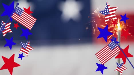Animation-Von-Sternen,-Streifen-Und-Wunderkerzen-über-Der-Amerikanischen-Flagge