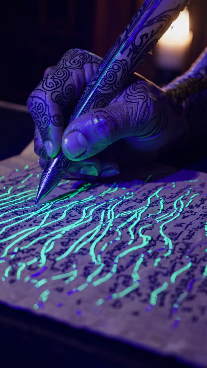 Close-up angle of a hand with intricate tattoos writing with a glowing pen on parchment