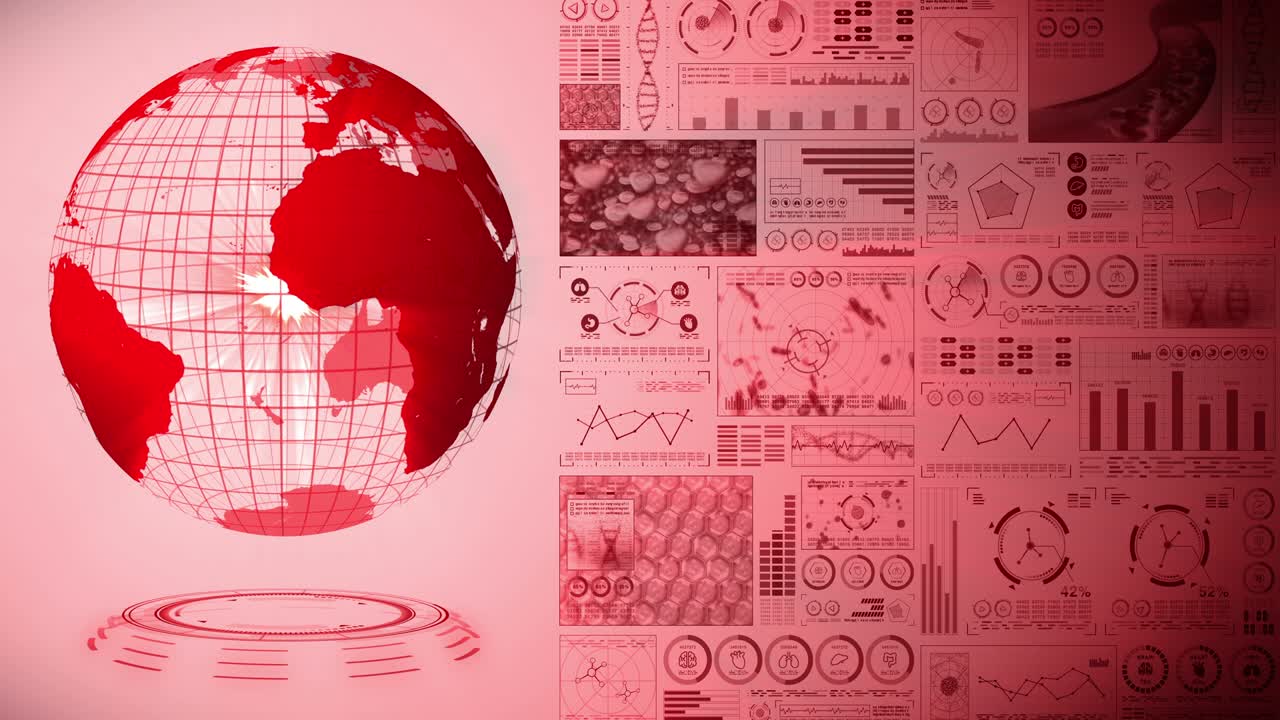 pandemia de infección. tierra global con puntos rojos de infección. holograma médico elementos de datos digitales gráfico. control infeccioso. vírus de curación. animación en bucle.